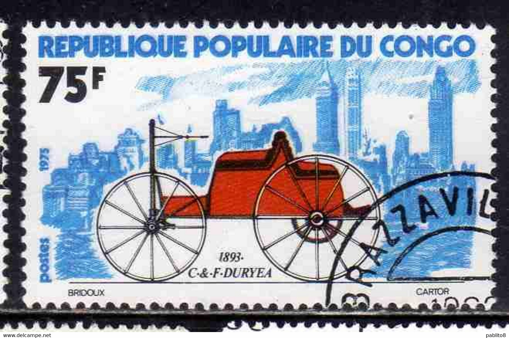 CONGO PEOPLE'S REPUBLIQUE REPUBLIC 1975 EARLY AUTOMOBILES CARS 1893 DURYEA 75fr OBLITERE USED USATO - Oblitérés