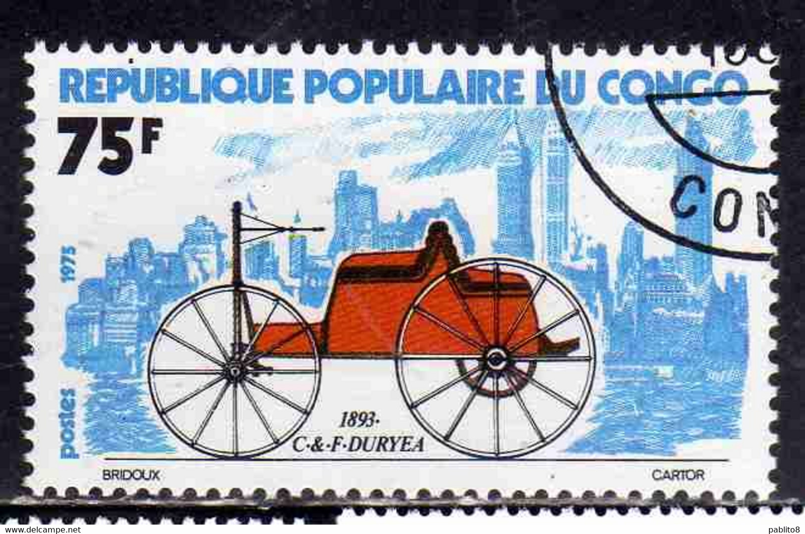 CONGO PEOPLE'S REPUBLIQUE REPUBLIC 1975 EARLY AUTOMOBILES CARS 1893 DURYEA 75fr OBLITERE USED USATO - Oblitérés