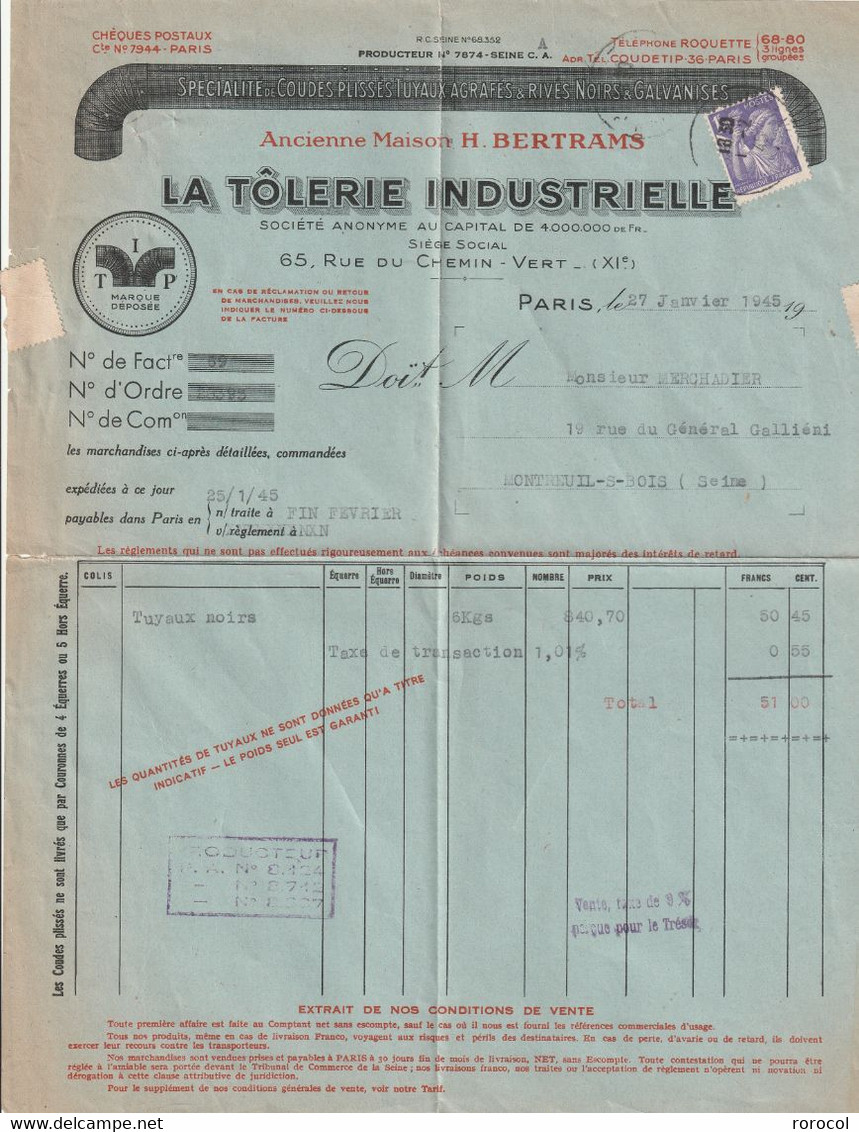 FACTURE PLIEE 1945 PARIS LA TÔLERIE INDUSTRIELLE TYPE IRIS - 1939-44 Iris