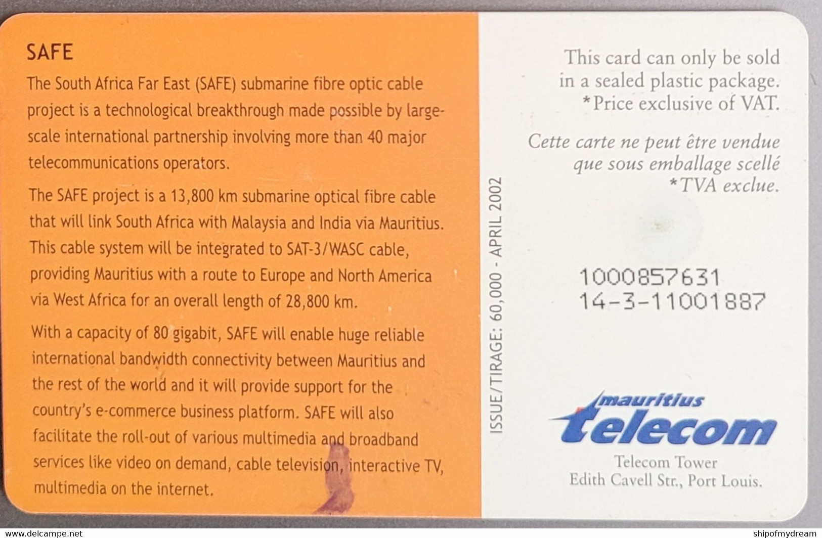 Mauritius. Telecom. MU-MAU-0089. Sat 3 - Safe. Cable Ship - Mauritius