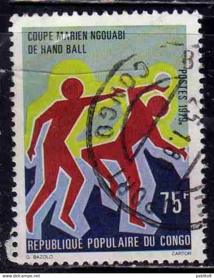 CONGO PEOPLE'S REPUBLIQUE REPUBLIC 1979 MARIEN NGOUABI HANDBALL CUP PLAYERS AND BALL 75fr OBLITERE' USED USATO - Oblitérés