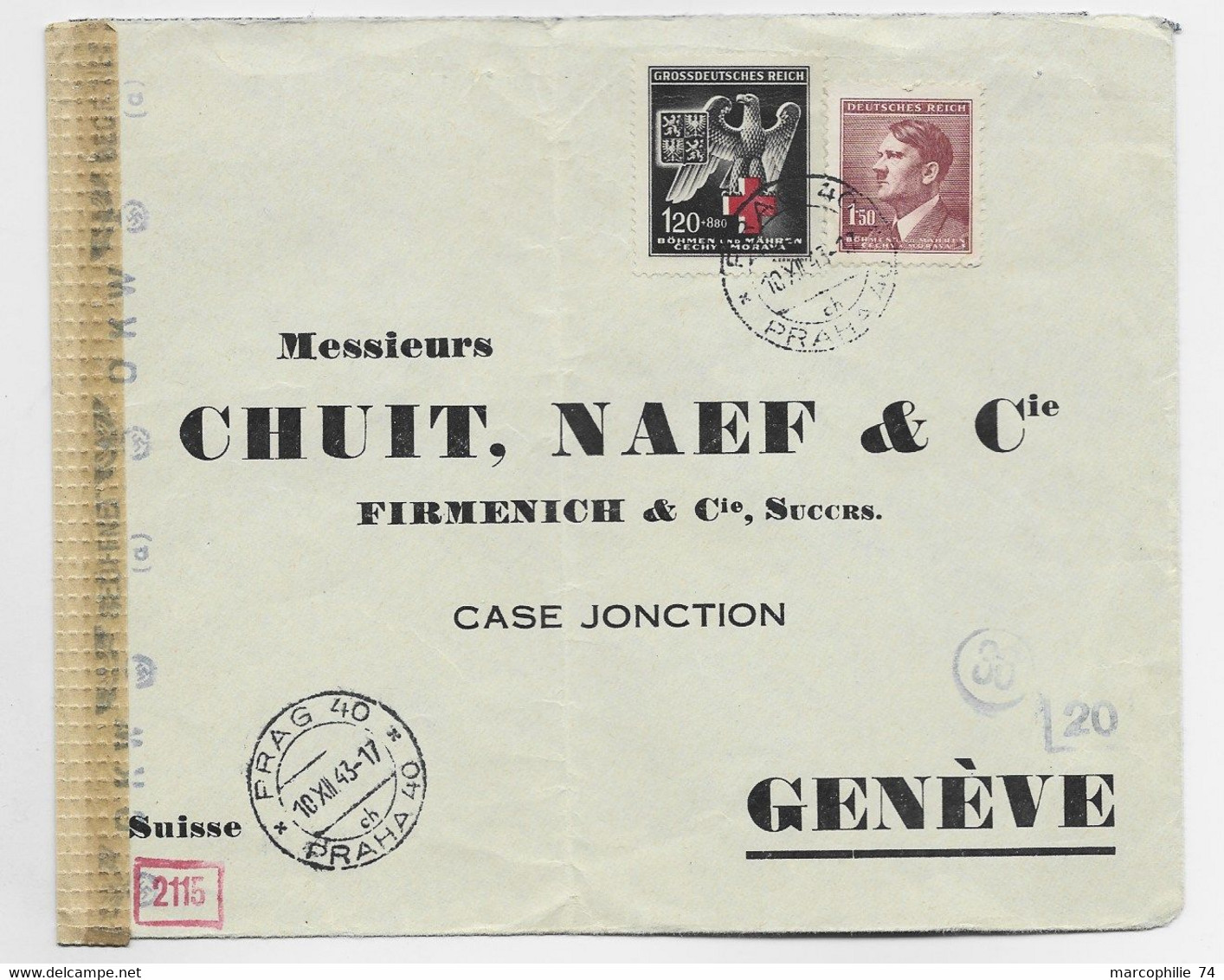 BOHMEN UND MAHREN HITLER + 120 RED CROSS LETTRE COVER BRIEF PRAG 40 10.XI.1943 TO GENEVE CENSURE OKW - Briefe U. Dokumente