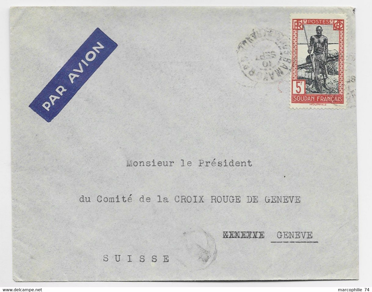 SOUDAN FRANCAIS 5FR SEUL LETTRE COVER AVION BAMAKO RP 194? TO PRESIDENT CROIX ROUGE A GENEVE SUISSE - Brieven En Documenten