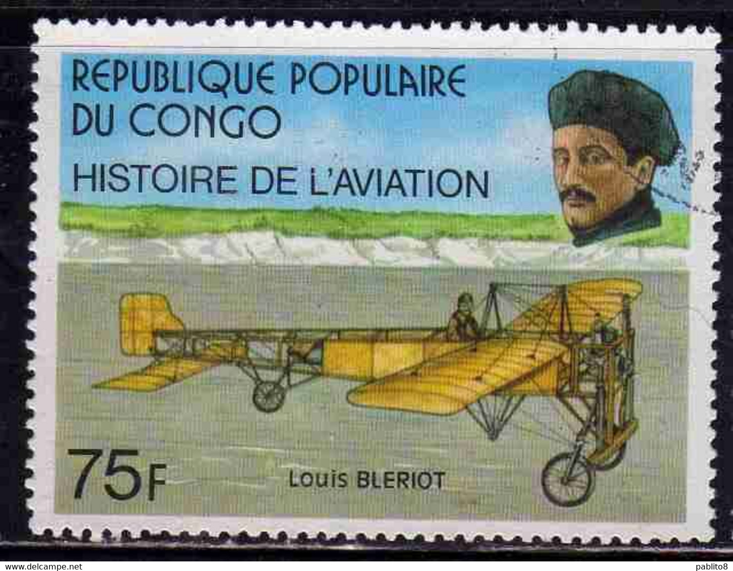 CONGO PEOPLE'S REPUBLIQUE REPUBLIC 1977 HISTORY OF AVIATION LOUIS BLERIOT 75fr OBLITERE' USED USATO - Oblitérés