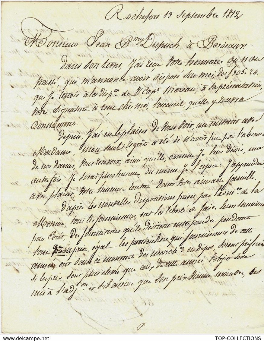 1812 Rochefort LETTRE GUERIN DES  ESSARTS / ESSARDS  MARINE SOUMISSION MARCHANDISES Pour DUPUCH ARMATEUR BORDEAUX - 1800 – 1899