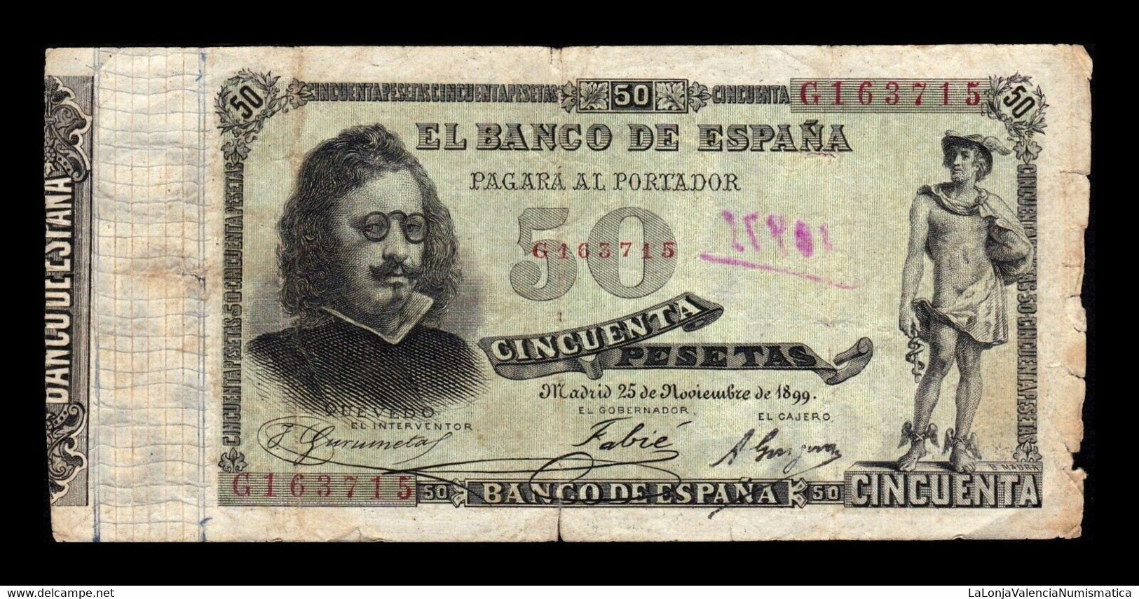 España Spain 50 Pesetas Francisco De Quevedo 1899 Pick 50 Serie G BC F - 50 Peseten