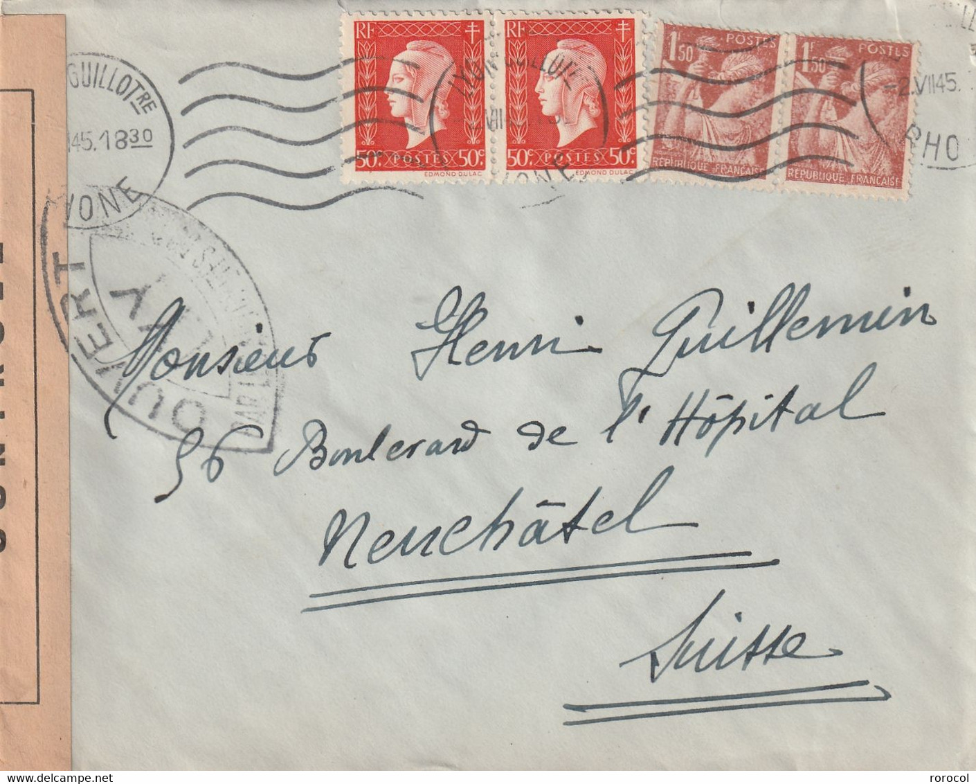 LETTRE FRANCE 1945 LYON GUILLOTRE CENSURE - 1944-45 Marianne (Dulac)