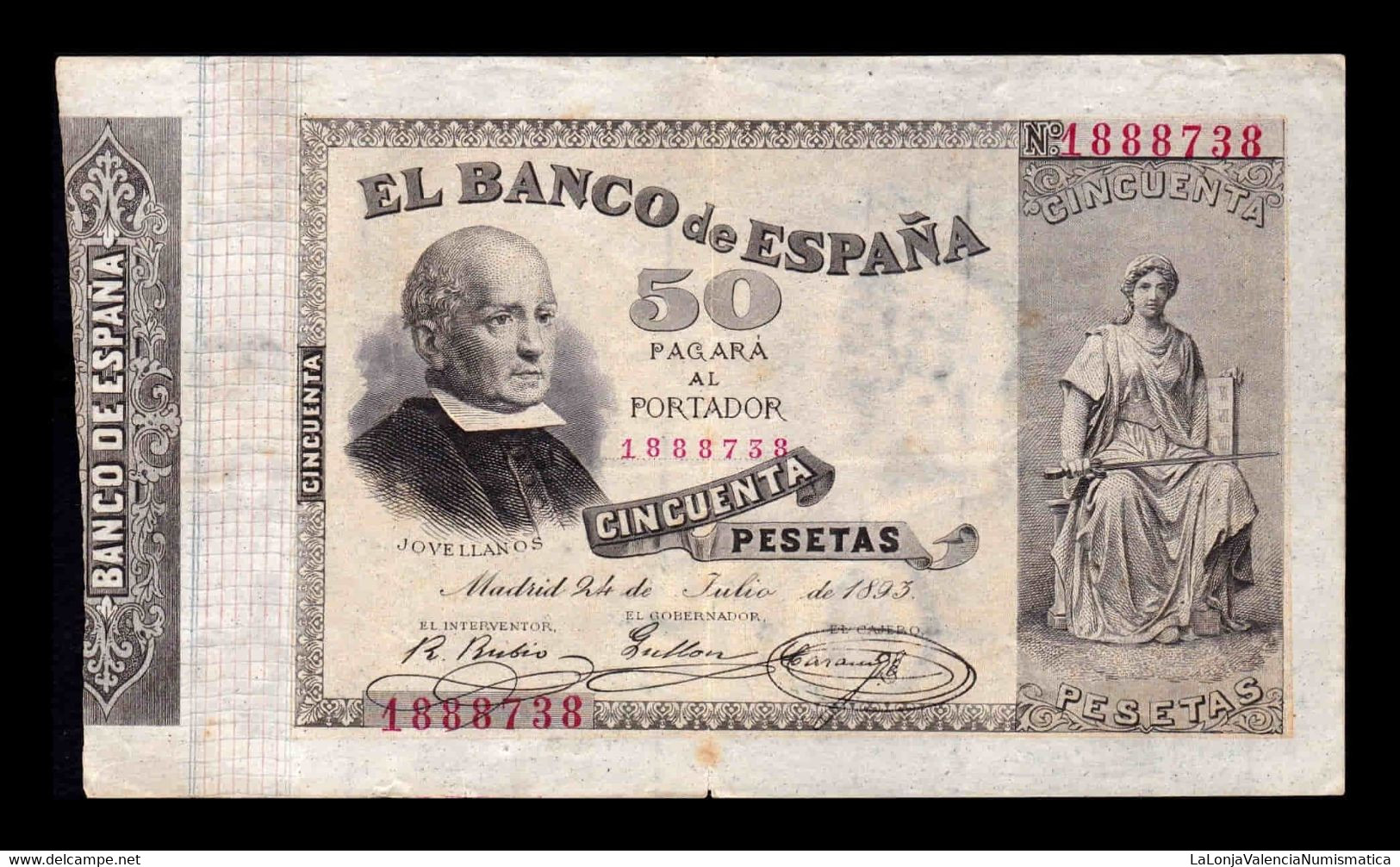 España Spain 50 Pesetas Jovellanos 1893 Pick 43 EBC- AXF - 50 Pesetas