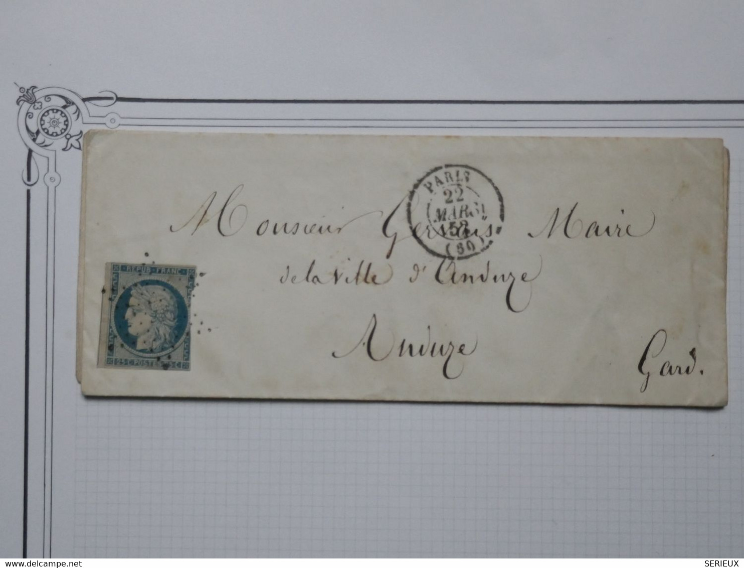 BG2  FRANCE   BELLE LETTRE RRR 1852 ETOILE DE PARIS A ANDUZE GARD +N° 4    +AFFR. INTERESSANT - 1849-1850 Ceres