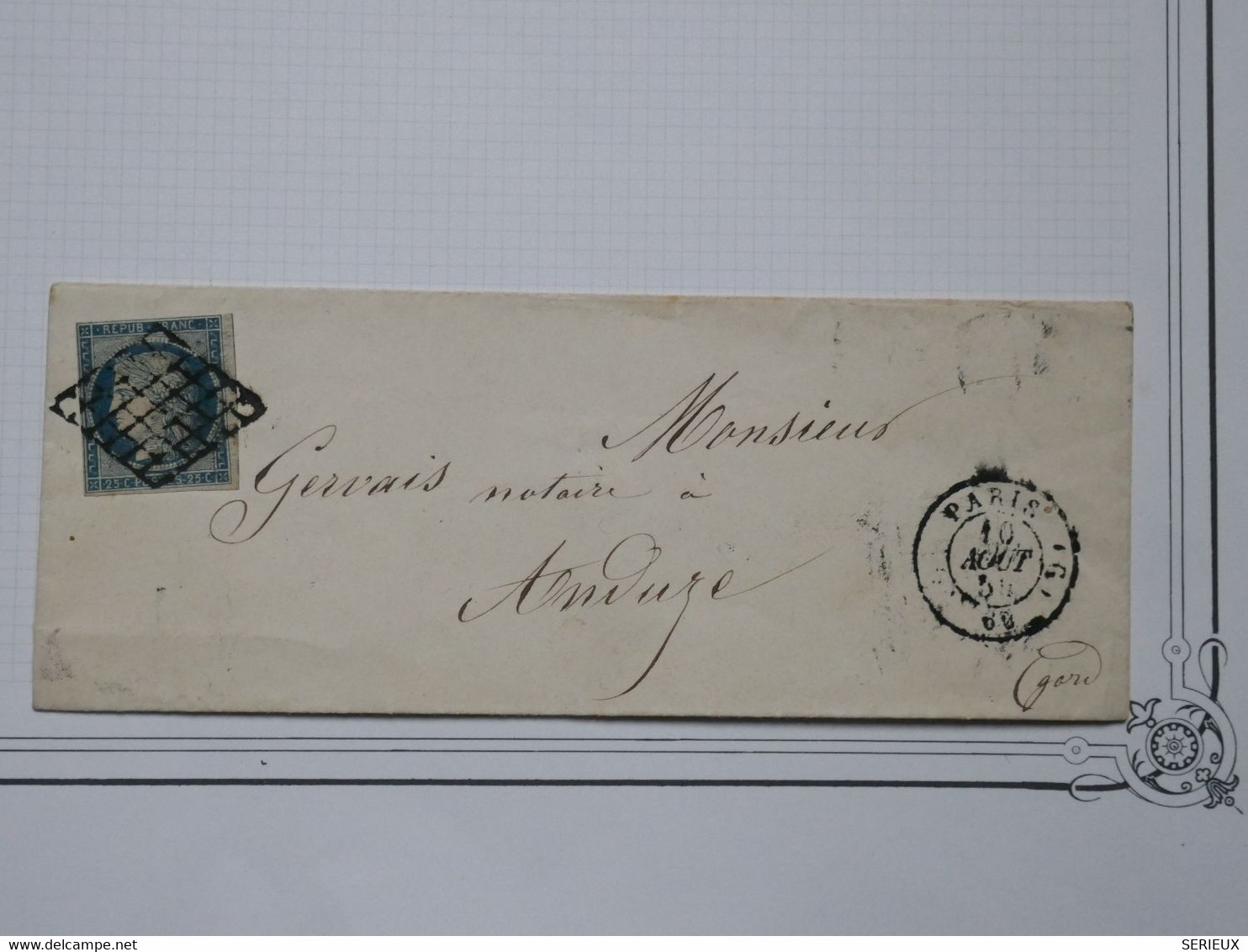 BG2  FRANCE   BELLE LETTRE RR 1854 PARIS A ANDUZE  GARD +N° 4 TARDIF  +++AFFR. INTERESSANT - 1849-1850 Cérès