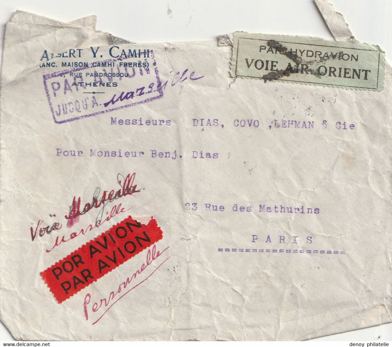 Lettre Par Hydravion Voie Air Orient Au Départ D'athenes Jusqu'à Marseille 1931 - Covers & Documents