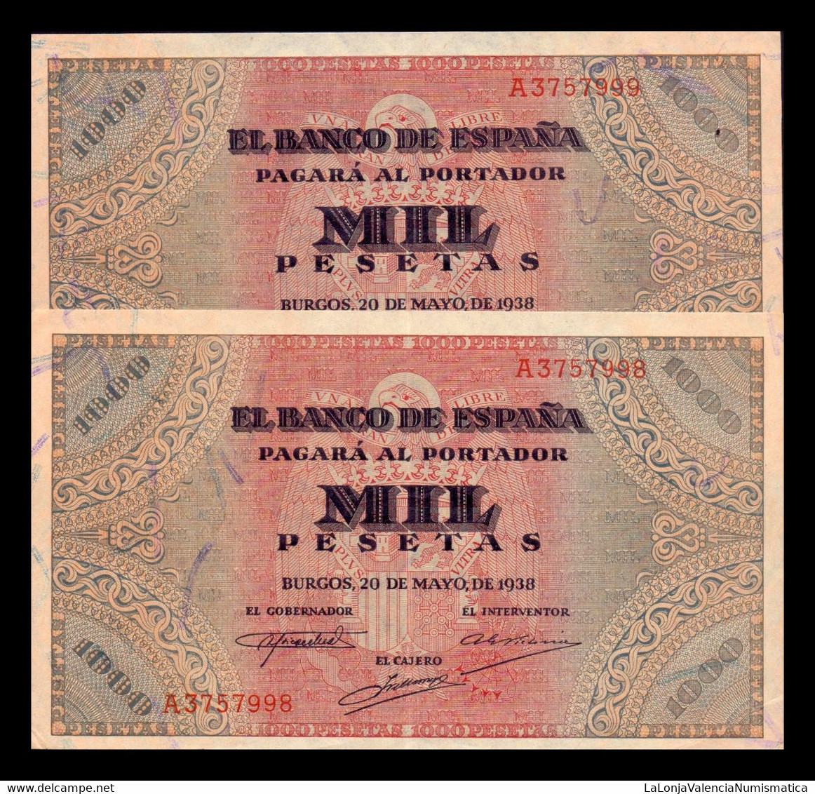 España Spain Pareja Correlativa 1000 Pesetas Burgos 1938 Pick 115 Serie A EBC XF - 1000 Pesetas