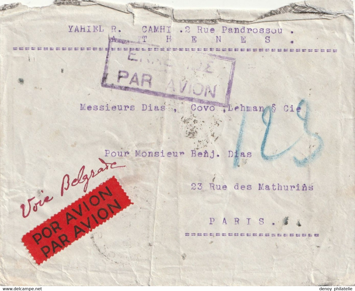 Lettre Par Avion Cachet Zemun Avion Athènes Par Avion Voie Belgrade 1931 - Covers & Documents