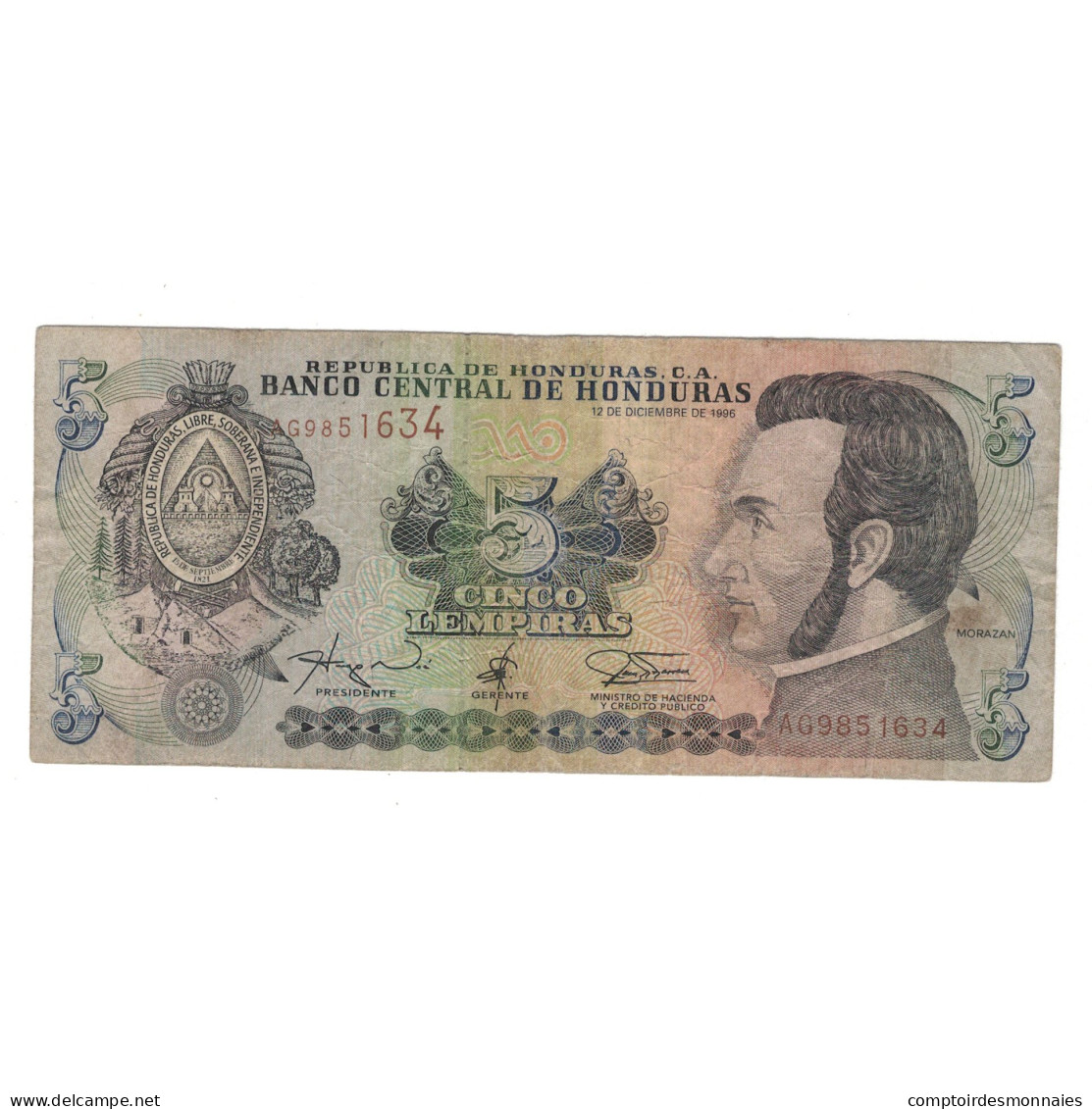 Billet, Honduras, 5 Lempiras, 1996, 1996-12-12, KM:81a, B - Honduras