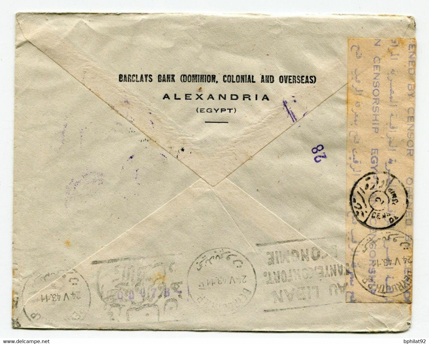 !!! EGYPTE, LETTRE D'ALEXANDRIE POUR BEYROUTH DU 15/3/1943 CENSURES EGYPTIENNE ET FRANCE LIBRE - Storia Postale