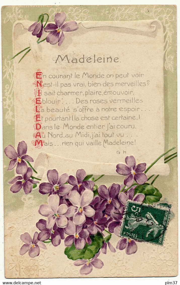 PRENOM - MADELEINE, Carte Gaufrée, Violettes, Poème - Prénoms