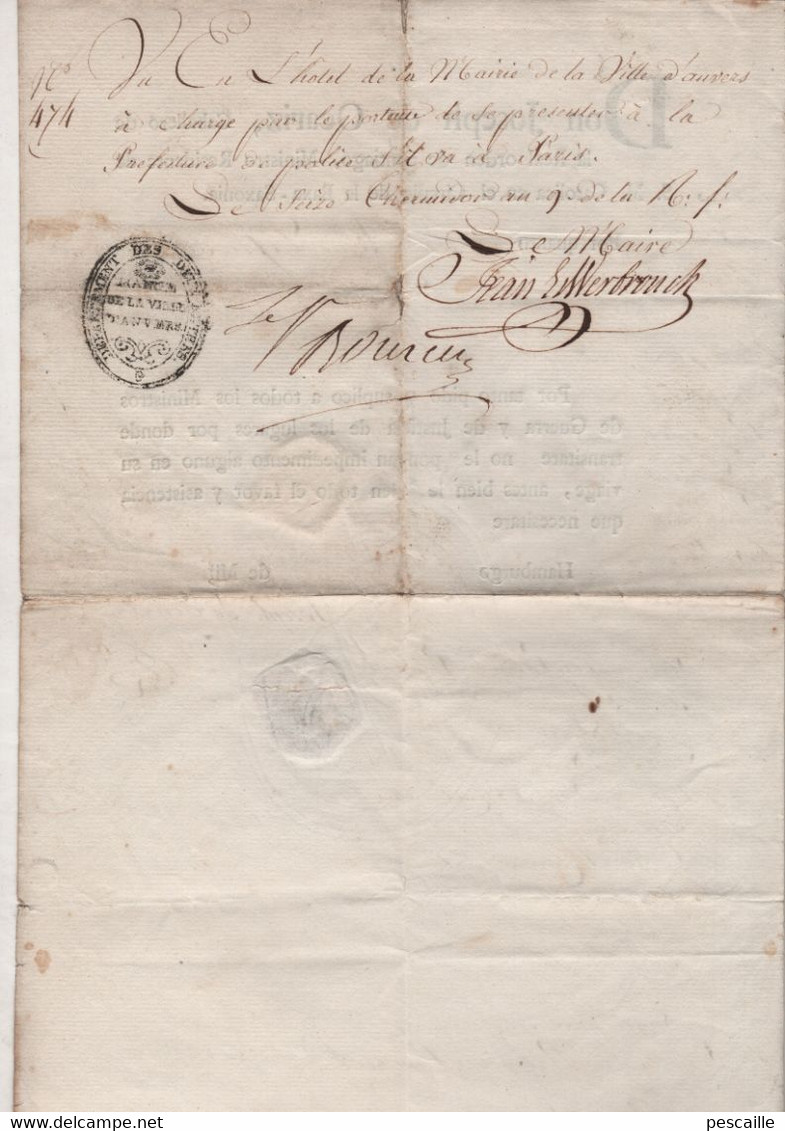 1801 - PASSEPORT DON JOSEPH DE OCARIZ ORDEN DE SANTIAGO / MINISTRO BAXA-SAXONIA HAMBOURG - CACHET DE CIRE / ANVERS - Manoscritti