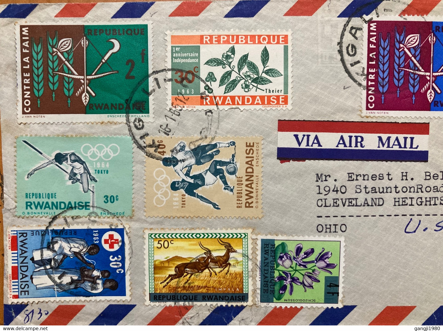 RWANDA 1984, COVER TO USA ,TOKYO OLYMPIC,RUNNING,HIGH JUMP, FOOTBALL,BASKETBALL HEALTH,HANDICAP ,RED CROSS ,DEER,FLOWER, - Lettres & Documents