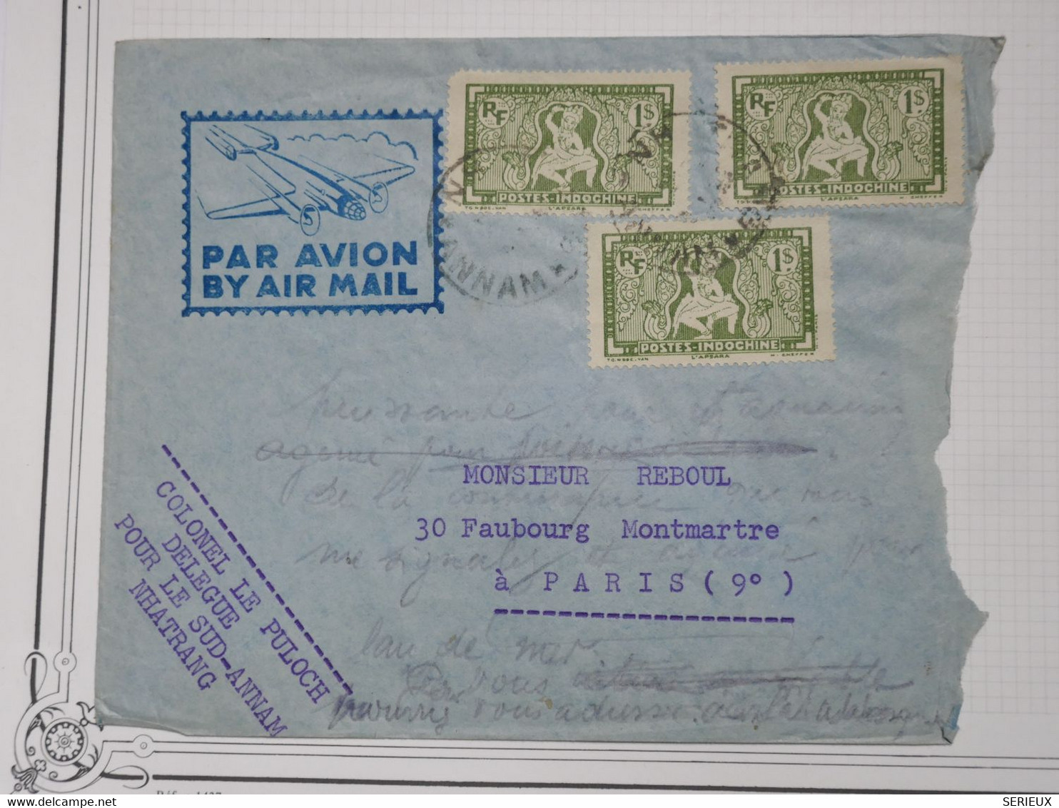 BG3  INDOCHINE   LETTRE CURIOSITé  1948 ANNAM NHATRANG   A  PARIS FRANCE   +COLONEL A ECRIT PARTOUT ++AFFR. INTERESSANT - Covers & Documents