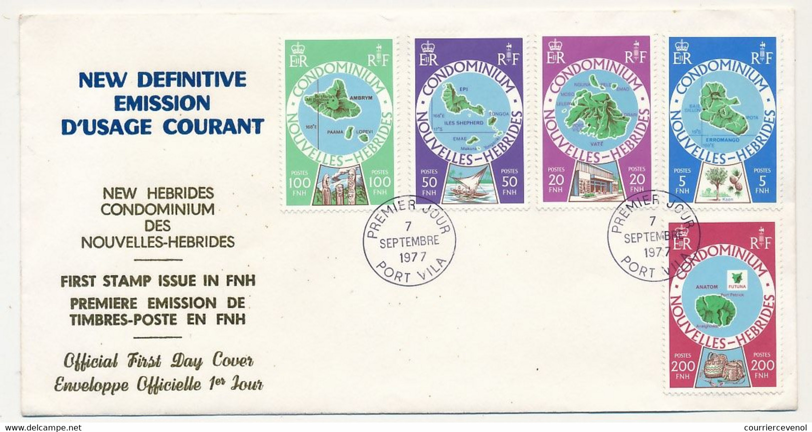 NOUVELLES HÉBRIDES - Env FDC 1er Jour - Emission D'usage Courant - PORT VILA 7 Sept 1977 - Ed Fse - FDC