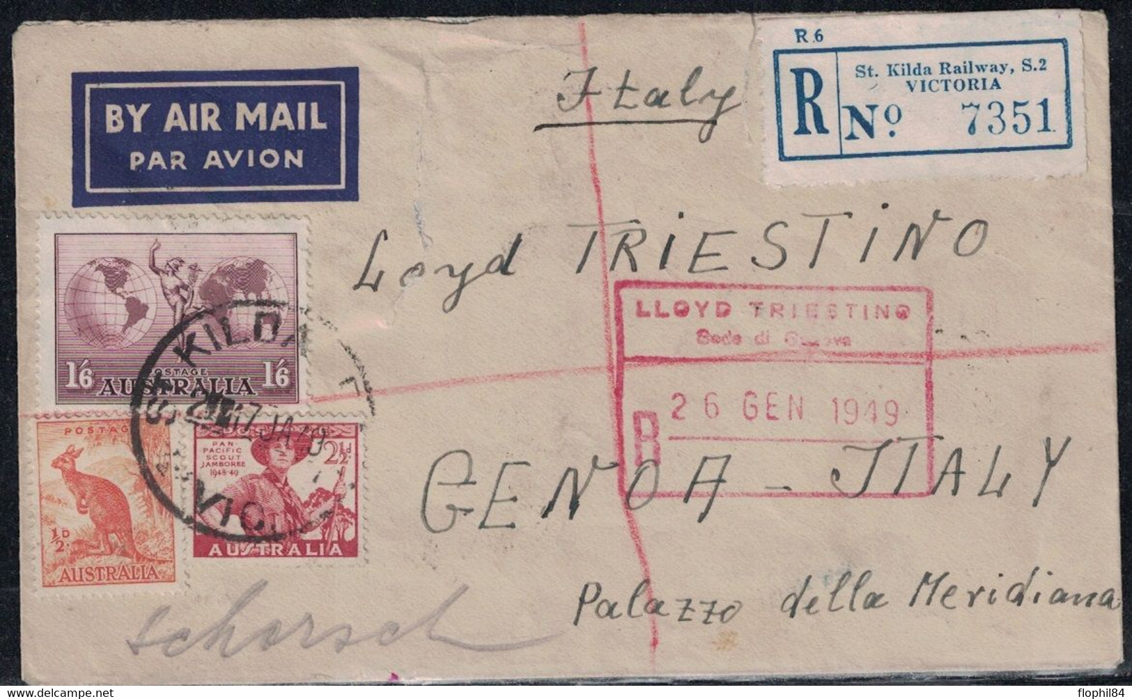 AUTRALIE - ST KILDA - LETTRE RECOMMANDEE PAR AVION POUR LA LLOYD TRIESTINO EN ITALIE - LE 17 JANVIER 1949 - DECHIRURE D' - Poststempel