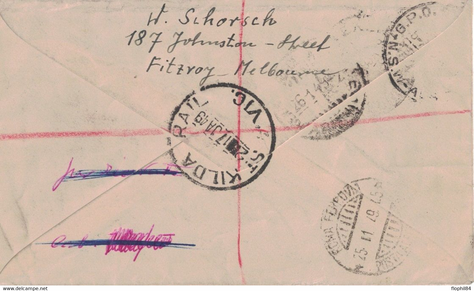 AUTRALIE - ST KILDA - LETTRE RECOMMANDEE PAR AVION POUR LA LLOYD TRIESTINO EN ITALIE - LE 17 JANVIER 1949 - DECHIRURE D' - Postmark Collection