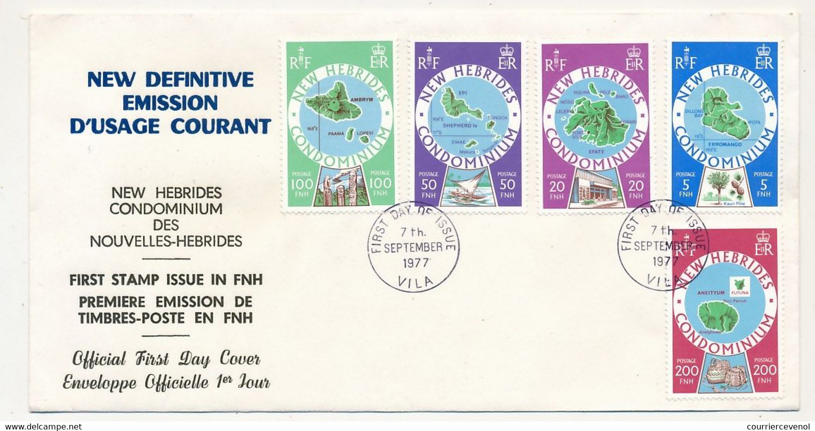 NOUVELLES HÉBRIDES - Env FDC 1er Jour - Emission D'usage Courant - VILA 7 Sept 1977 - Ed Anglaise - FDC