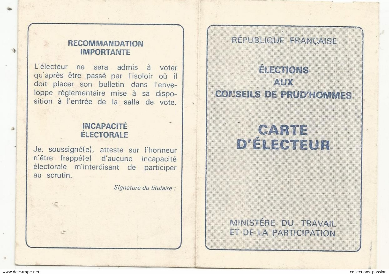 Carte D'électeur ,élections Aux Conseils De Prud'hommes ,salariés,industrie, 1979 , 85,Vendée ,La Roche Sur Yon - Ohne Zuordnung