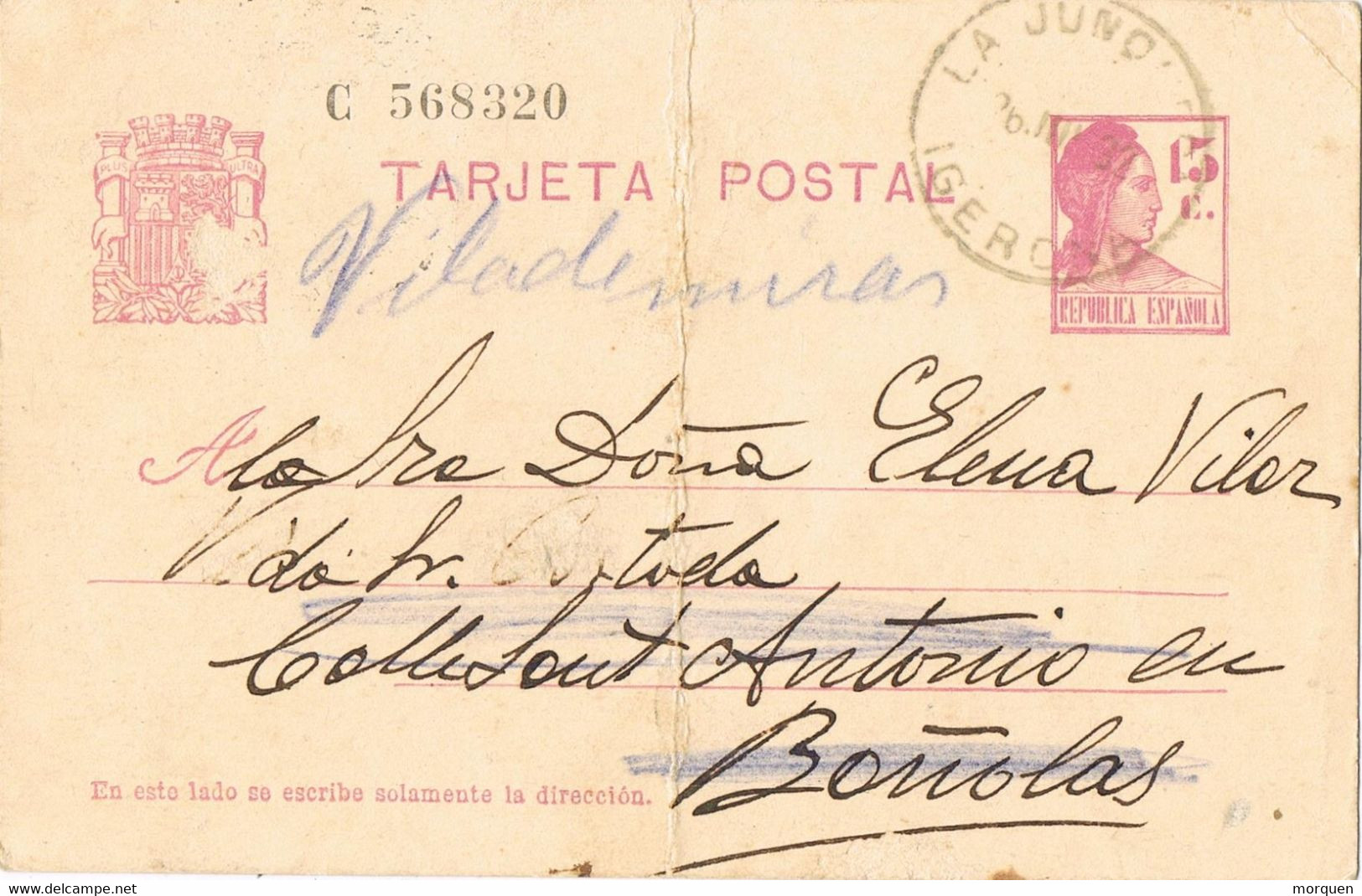 47108. Entero Postal CANTALLOPS (Gerona)  1932, Reexpedida A Vilademuls. Fechador LA JUNQUERA, Republica - 1931-....