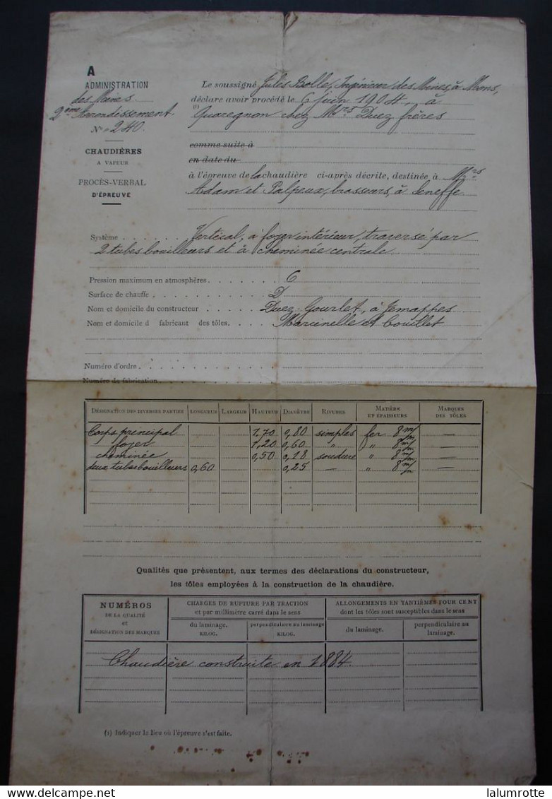 DH. 56. Administration Des Mines Vente D'une Chaudière D'une Brasserie D'Anderlues à M. Palpeux Brasseurs à Seneffe 1904 - Alimentos