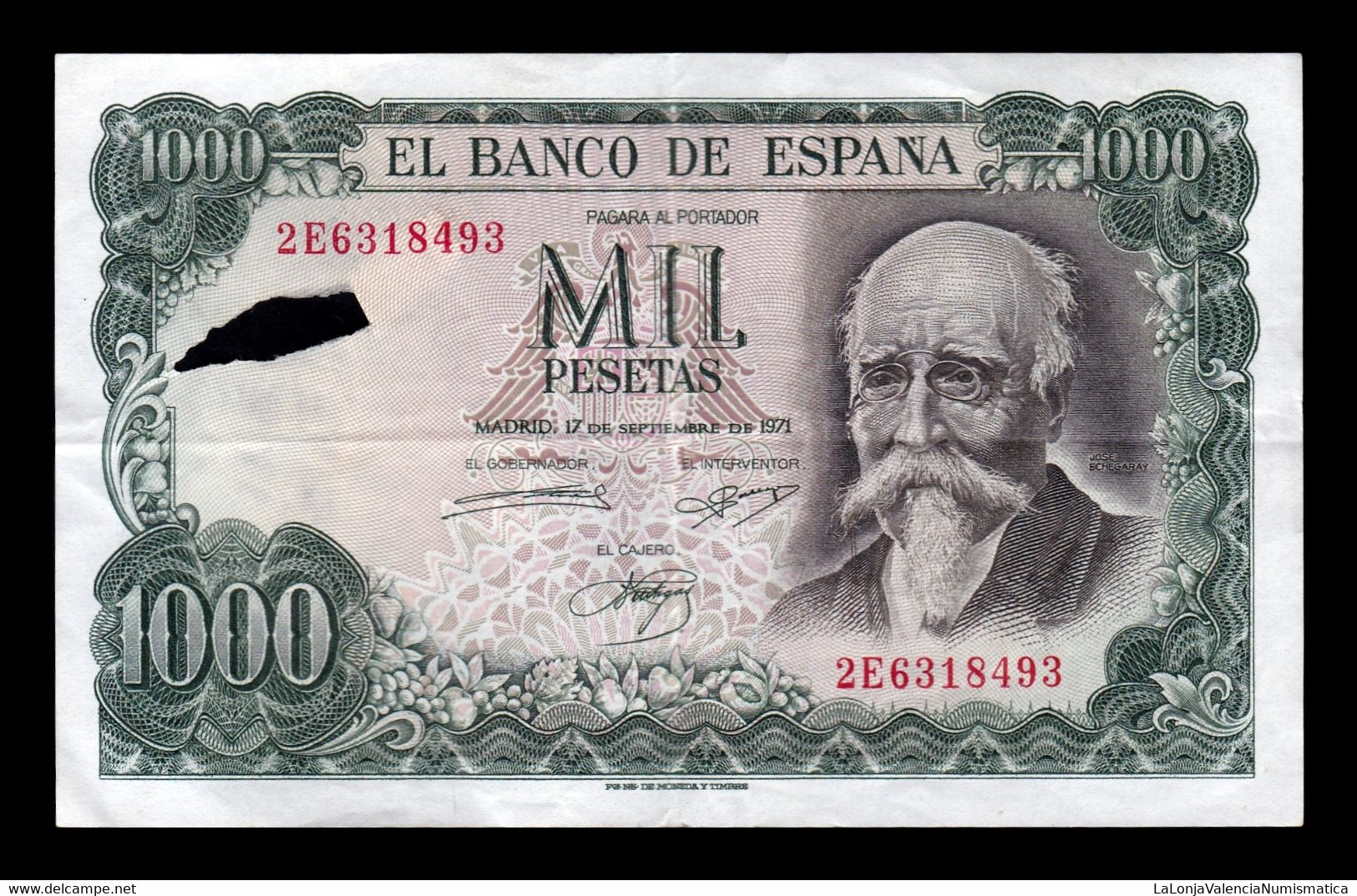 España Spain Error 1000 Pesetas J. Echegaray 1971 Pick 154 Serie 2E MBC/+ VF/+ - 1000 Pesetas