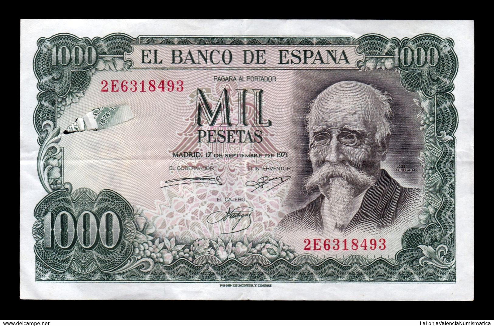 España Spain Error 1000 Pesetas J. Echegaray 1971 Pick 154 Serie 2E MBC/+ VF/+ - 1000 Peseten