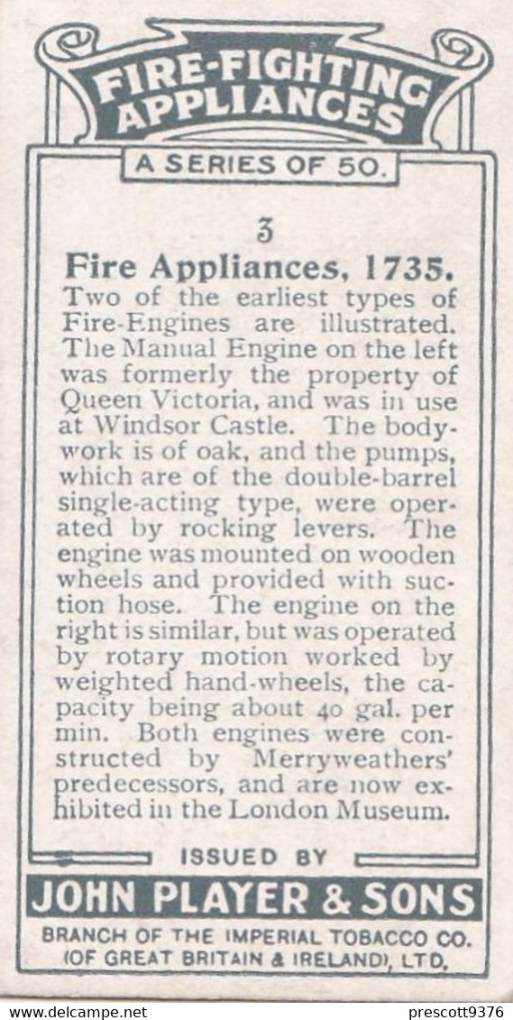 Fire Fighting Appliances 1930  - Players Cigarette Card - 3 Fire Appliance 1735 - Ogden's