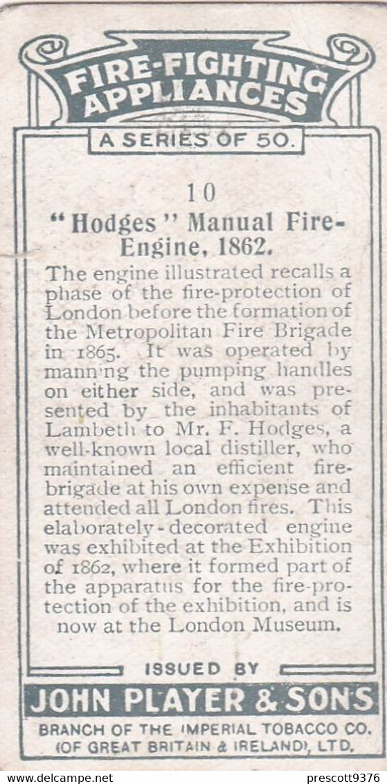 Fire Fighting Appliances 1930  - Players Cigarette Card - 10 Hodges Manual Fire Engine 1862 - Ogden's