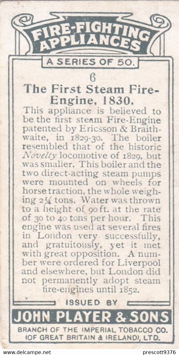 Fire Fighting Appliances 1930  - Players Cigarette Card - 6 First Steam Fire Engine 1830 - Ogden's