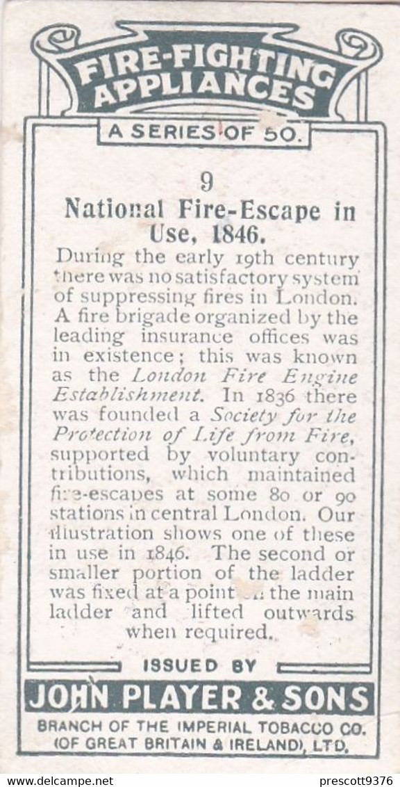 Fire Fighting Appliances 1930  - Players Cigarette Card - 9 National Fire Escape 1846 - Ogden's