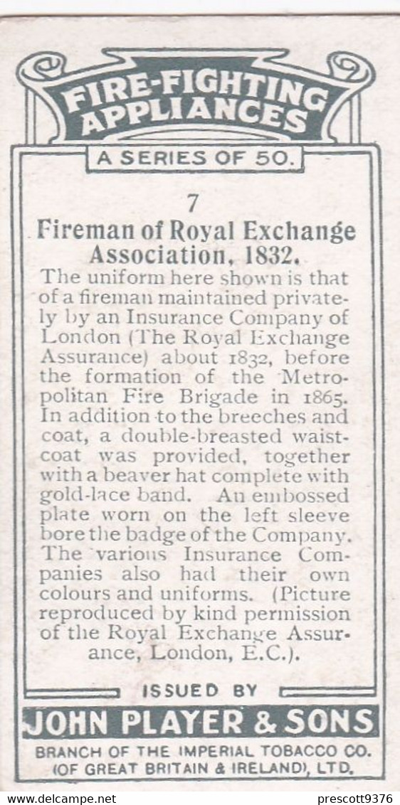 Fire Fighting Appliances 1930  - Players Cigarette Card - 7 Royal Exchange Fireman 1832 - Ogden's