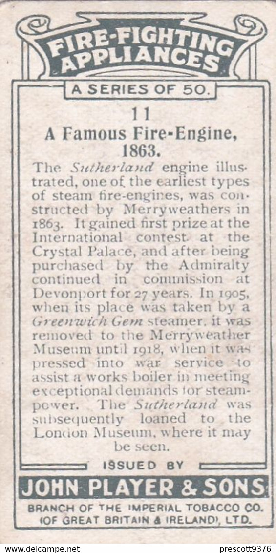 Fire Fighting Appliances 1930  - Players Cigarette Card - 11 Sutherland Fire Engine, 1863 - Ogden's