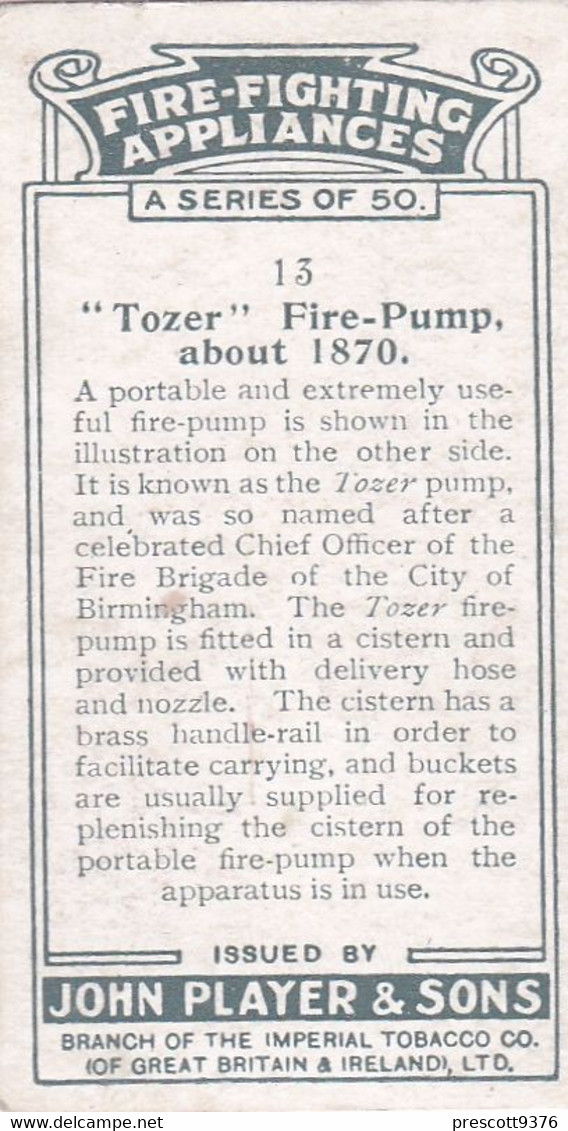 Fire Fighting Appliances 1930  - Players Cigarette Card - 13 Tozer Fire Pump 1870 - Ogden's
