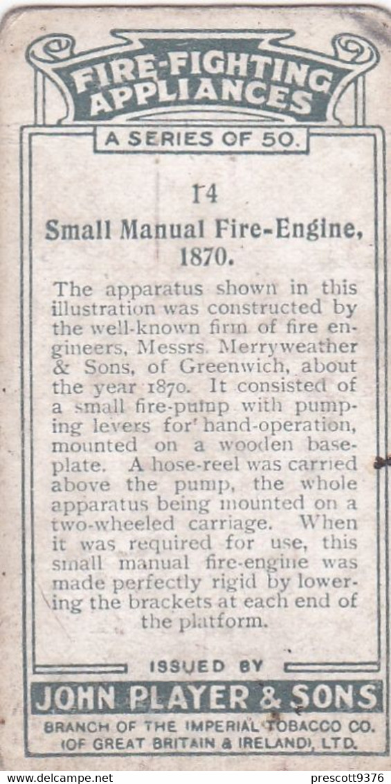 Fire Fighting Appliances 1930  - Players Cigarette Card - 14 Small Manual Engine 1870 - Ogden's
