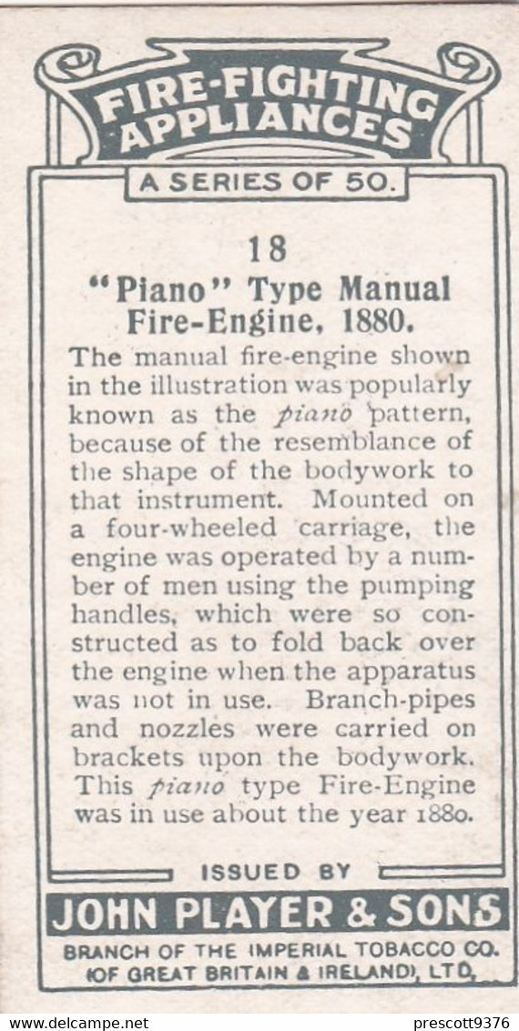 Fire Fighting Appliances 1930  - Players Cigarette Card - 18 Piano Type Engine 1880 - Ogden's