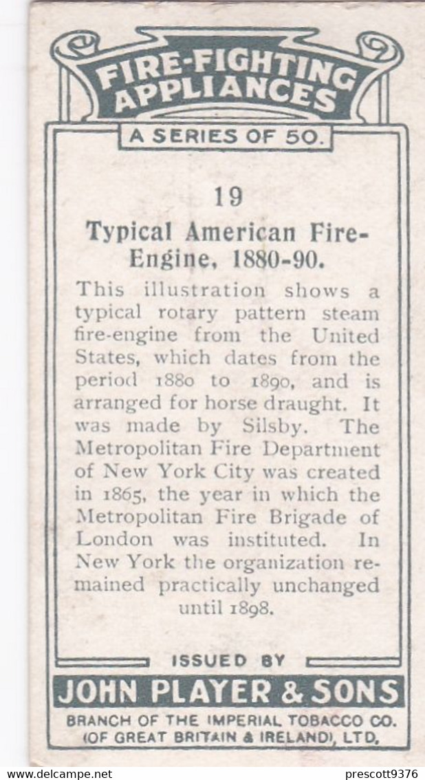 Fire Fighting Appliances 1930  - Players Cigarette Card - 19 American Fire Engine 1880-90 - Ogden's