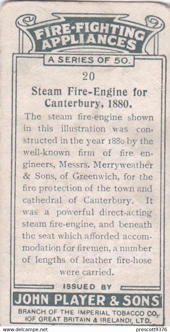 Fire Fighting Appliances 1930  - Players Cigarette Card - 20 Steam Fire Engine 1880 - Ogden's
