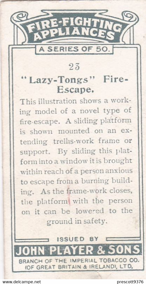 Fire Fighting Appliances 1930  - Players Cigarette Card - 23 Lazy Tongs Fire Escape - Ogden's