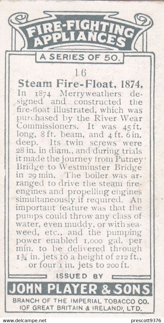 Fire Fighting Appliances 1930  - Players Cigarette Card - 16 Steam Fire Float 1874 - Ogden's