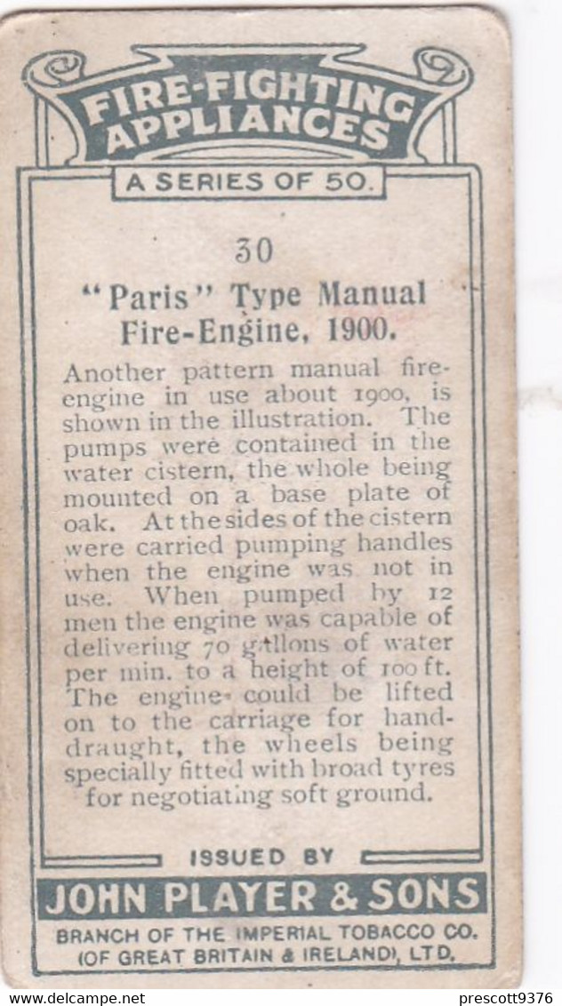 Fire Fighting Appliances 1930  - Players Cigarette Card - 30 Paris Type Manual Engine 1900 - Ogden's