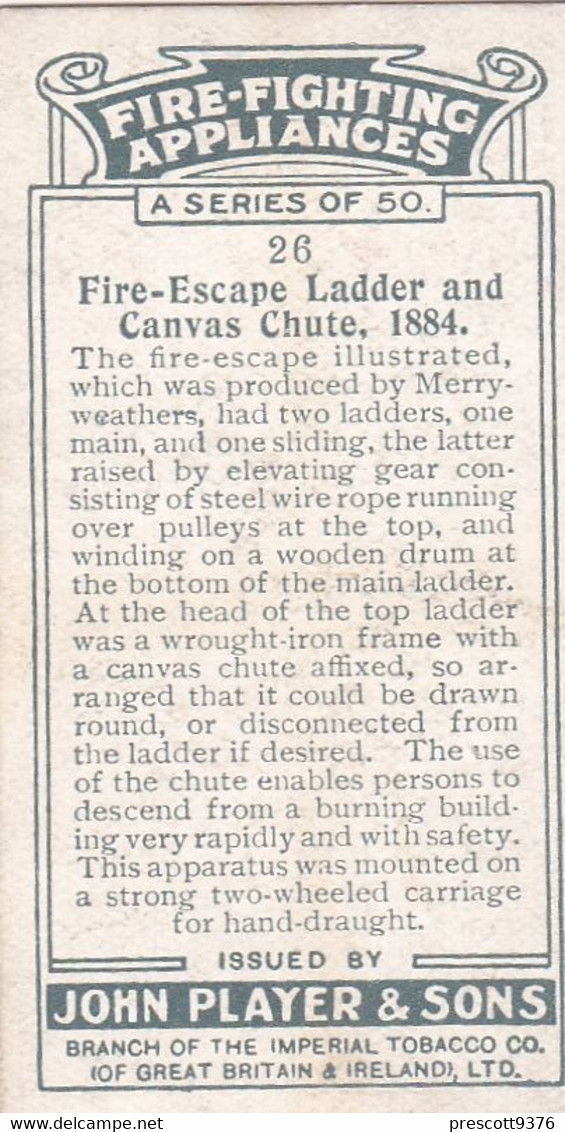 Fire Fighting Appliances 1930  - Players Cigarette Card - 26 Fire Escape Ladder & Chute 1884 - Ogden's