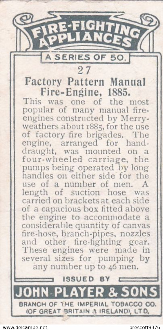 Fire Fighting Appliances 1930  - Players Cigarette Card - 27 Factory Pattern Manual Engine 1885 - Ogden's