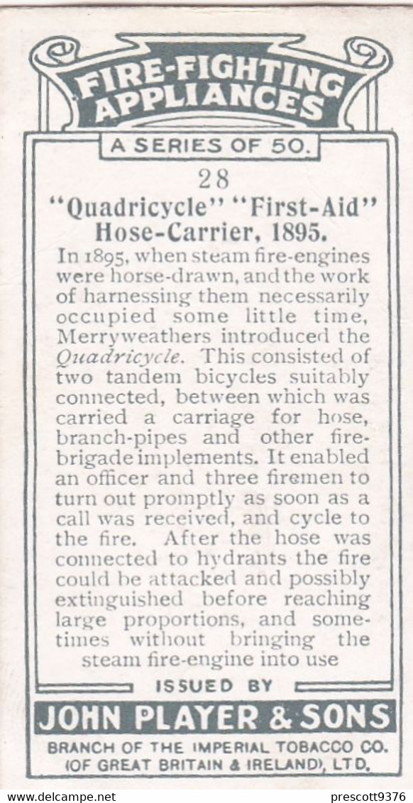 Fire Fighting Appliances 1930  - Players Cigarette Card - 28 Quadricycle 1895, First Aid , Ladder Carrier - Ogden's