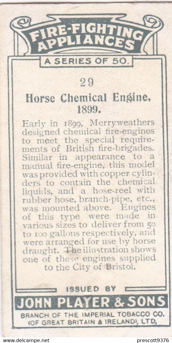 Fire Fighting Appliances 1930  - Players Cigarette Card - 29 Horse Chemical Engine 1899 - Ogden's